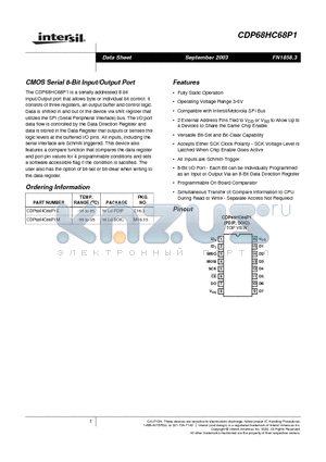 CDP68HC68P1M datasheet - CMOS Serial 8-Bit Input/Output Port