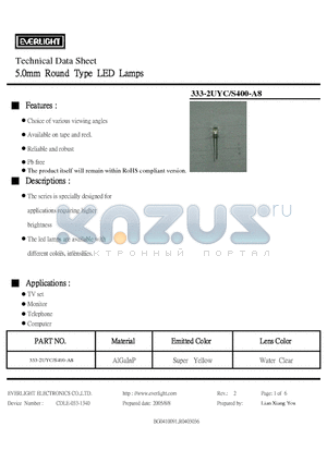 333-2UYC/S400-A8 datasheet - 5.0mm Round Type LED Lamps