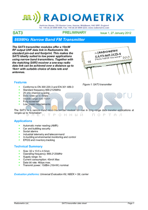 SAT3 datasheet - 869MHz Narrow Band FM Transmitter