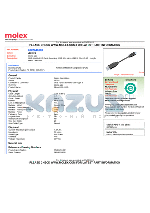 687840003 datasheet - USB Shielded I/O Cable Assembly, USB A-to-Micro-USB B, 2.0m (6.56) LengthBlack, Lead free