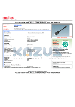 68786-0002 datasheet - HDMI Type D-to-Type A Cable Assembly, CAT 2, AWG 34, 1.5m (4.92 ), Lead free