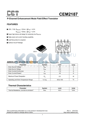 CEM2187 datasheet - P-Channel Enhancement Mode Field Effect Transistor