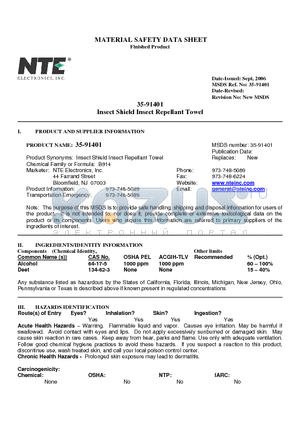 35-91401 datasheet - Insect Shield Insect Repellant Towel