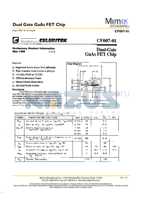 CF007-01 datasheet - Dual Gate GaAs FET Chip