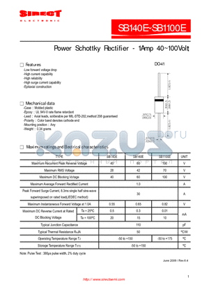 SB140E datasheet - Power Schottky Rectifier - 1Amp 40~100Volt