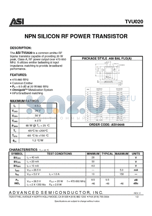 TVU020 datasheet - NPN SILICON RF POWER TRANSISTOR