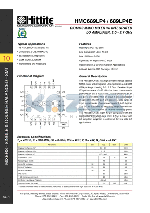 689LP4E datasheet - BiCMOS MMIC MIXER W/ INTEGRATED LO AMPLIFIER, 2.0 - 2.7 GHz