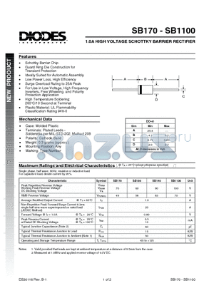 SB170 datasheet - 1.0A HIGH VOLTAGE SCHOTTKY BARRIER RECTIFIER