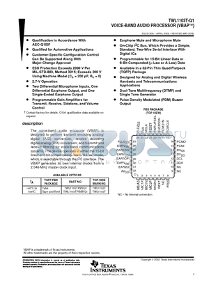 TWL1103T-Q1 datasheet - VOICE-BAND AUDIO PROCESSOR (VBAP)