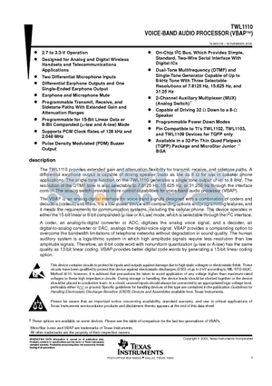 TWL1110TQFP datasheet - VOICE-BAND AUDIO PROCESSOR VBAPE