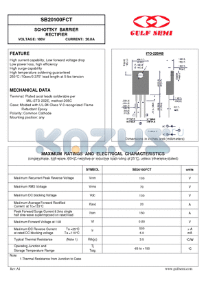 SB20100FCT datasheet - SCHOTTKY BARRIER RECTIFIER VOLTAGE: 100V CURRENT: 20.0A