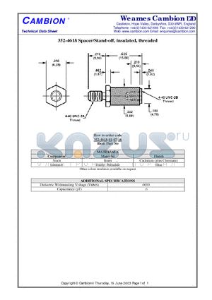 352-4618 datasheet - Spacer/Stand-off, insulated, threaded