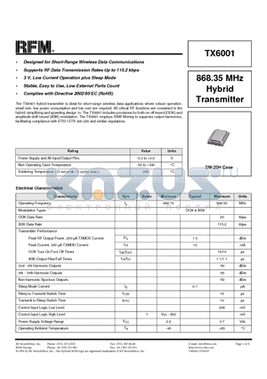 TX6001 datasheet - 868.35 MHz Hybrid Transmitter