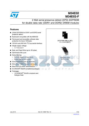 M34E02-FMB6TG datasheet - 2 Kbit serial presence detect (SPD) EEPROM for double data rate (DDR1 and DDR2) DRAM modules