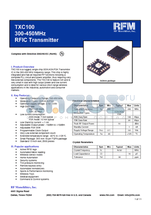 TXC100 datasheet - Single chip OOK/ASK/FSK Transmitter IC in the 300~450 MHz frequency range.