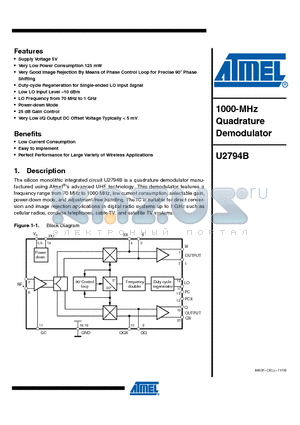 U2794B datasheet - 1000-MHz Quadrature Demodulator