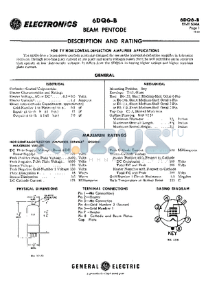 6DQ6B datasheet - BEAM-POWER PENTODE PRIMARILY DESIGNED FOR USE AS THE HORIZONTAL-DEFLECTION AMPLIFIER IN TELEVISION RECEIVERS.