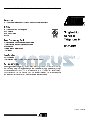 U3600BM-NFNY datasheet - Single-chip Cordless Telephone IC