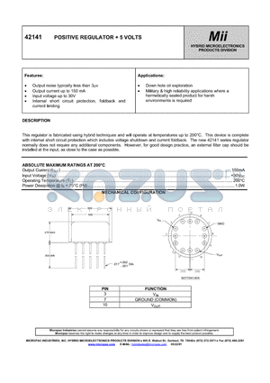 42141 datasheet - POSITIVE REGULATOR  5 VOLTS