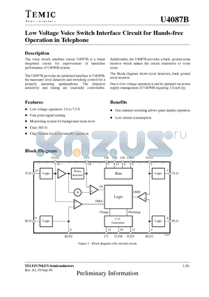 U4087B datasheet - Low Voltage Voice Switch Interface Circuit for Hands-free Operation in Telephone