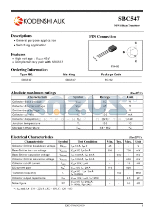 SBC547 datasheet - NPN Silicon Transistor