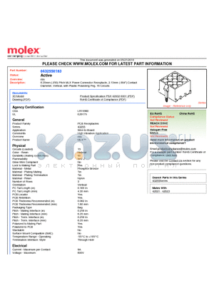 43255-0163 datasheet - 6.35mm (.250) Pitch MLX Power Connector Receptacle, 2.13mm (.084