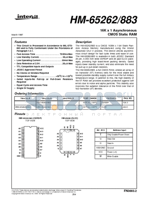 HM-65262883 datasheet - 16K x 1 Asynchronous CMOS Static RAM