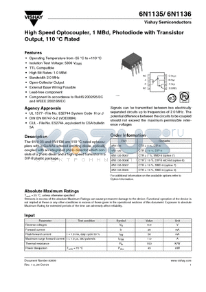 6N1136-X007 datasheet - High Speed Optocoupler, 1 MBd, Photodiode with Transistor Output, 110 C Rated