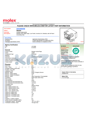 44380-0006 datasheet - Modular Jack, Right Angle, Low Profile, Inverted, 6/4, Shielded, with All Panel Grounding Tabs