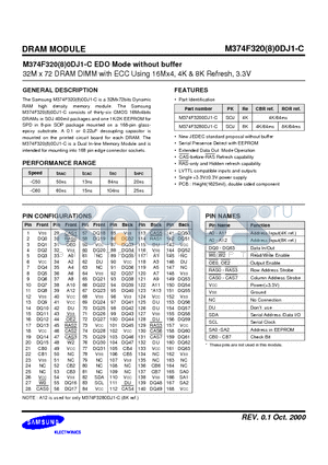 M374F3280DJ1-C datasheet - 32M x 72 DRAM DIMM with ECC Using 16Mx4, 4K & 8K Refresh, 3.3V