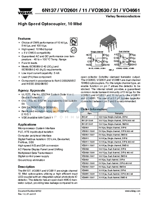 6N137 datasheet - High Speed Optocoupler, 10 Mbd