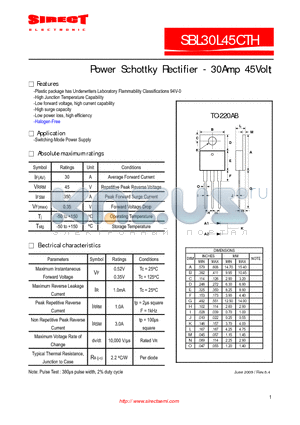 SBL30L45CTH datasheet - Power Schottky Rectifier - 30Amp 45Volt