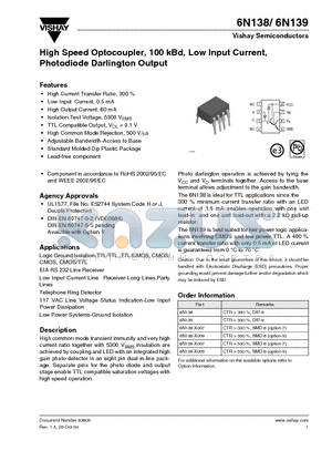 6N138-X009 datasheet - High Speed Optocoupler, 100 kBd, Low Input Current, Photodiode Darlington Output