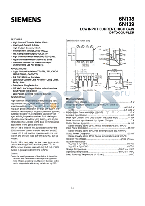 6N139 datasheet - LOW INPUT CURRENT, HIGH GAIN OPTOCOUPLER