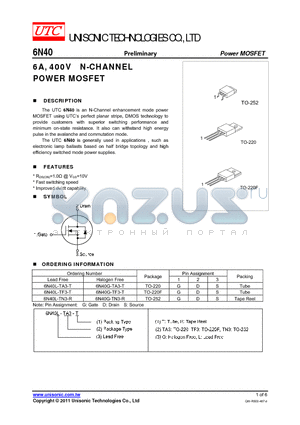 6N40L-TF3-T datasheet - 6A, 400V N-CHANNEL POWER MOSFET