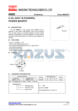 6N60ZG-TF3-T datasheet - 6.2A, 600V N-CHANNEL POWER MOSFET
