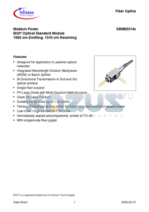 SBM82314Z datasheet - Medium Power BIDI Optical Standard Module 1550 nm Emitting, 1310 nm Receiving