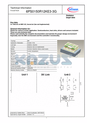 6PS0150R12KE3-3G datasheet - 3x 134A AC at 400V AC, forced air (fan not implemented)