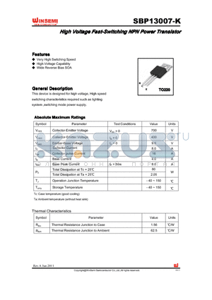 SBP13007-K datasheet - High Voltage Fast-Switching NPN Power Transistor