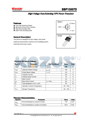 SBP13007D datasheet - High Voltage Fast-SwitchingNPN Power Transistor