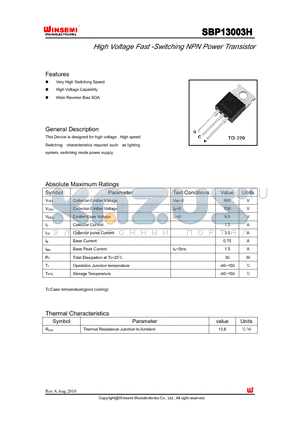 SBP13003H datasheet - High Voltage Fast -Switching NPN Power Transistor