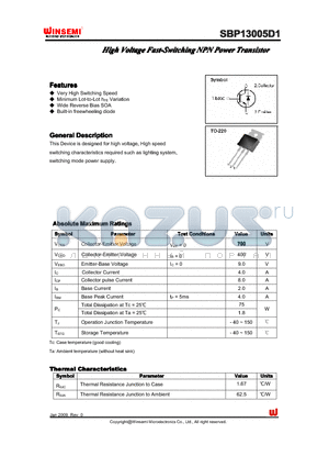 SBP13005D1 datasheet - High Voltage Fast-SwitchingNPN Power Transistor