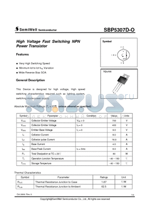 SBP5307D-O datasheet - High Voltage Fast Switching NPN Power Transistor