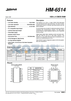 HM3-6514-9 datasheet - 1024 x 4 CMOS RAM