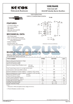 SBR3060R datasheet - VOLTAGE 60V 30.0AMP Schottky Barrier Rectifiers
