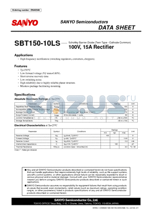 SBT150-10LS datasheet - Schottky Barrier Diode (Twin Type g Cathode Common) 100V, 15A Rectifier