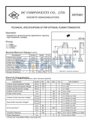 DXT5401 datasheet - TECHNICAL SPECIFICATIONS OF PNP EPITAXIAL PLANAR TRANSISTOR