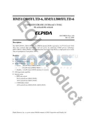 HM5112805FLTD-6 datasheet - 128M EDO DRAM (16-Mword  8-bit) 8k refresh/4k refresh