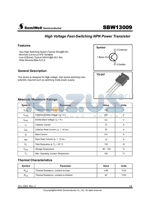 SBW13009 datasheet - High Voltage Fast-Switching NPN Power Transistor