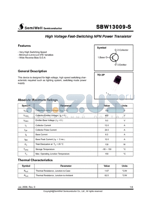 SBW13009-S datasheet - High Voltage Fast-Switching NPN Power Transistor